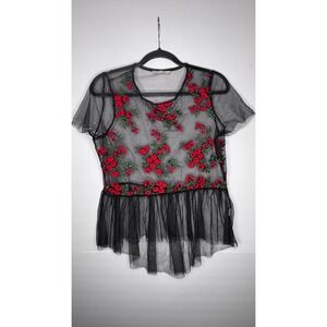 Twinkle Black Mesh Top Red‎ Floral Embroidered Peplum Short Sleeve Blouse